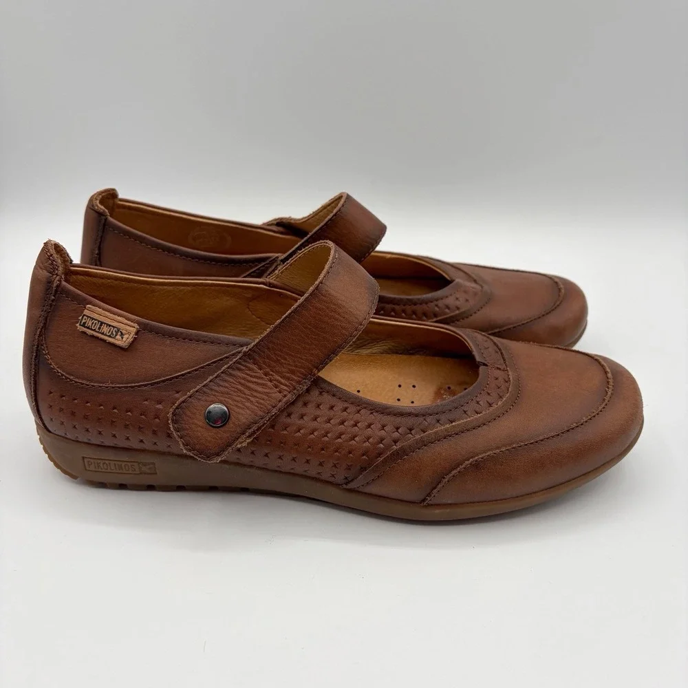 Pikolinos Women's Brown Leather Mary Janes Size 40 US 9.5 Shoes Strap Comfort